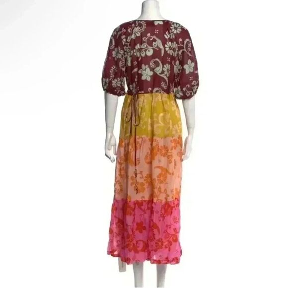 ALÉMAIS 100% Ramie Linen Multicolor Luis Wrap Puff Sleeve Midi Wrap Dress Sz 12 - Picture 10 of 15